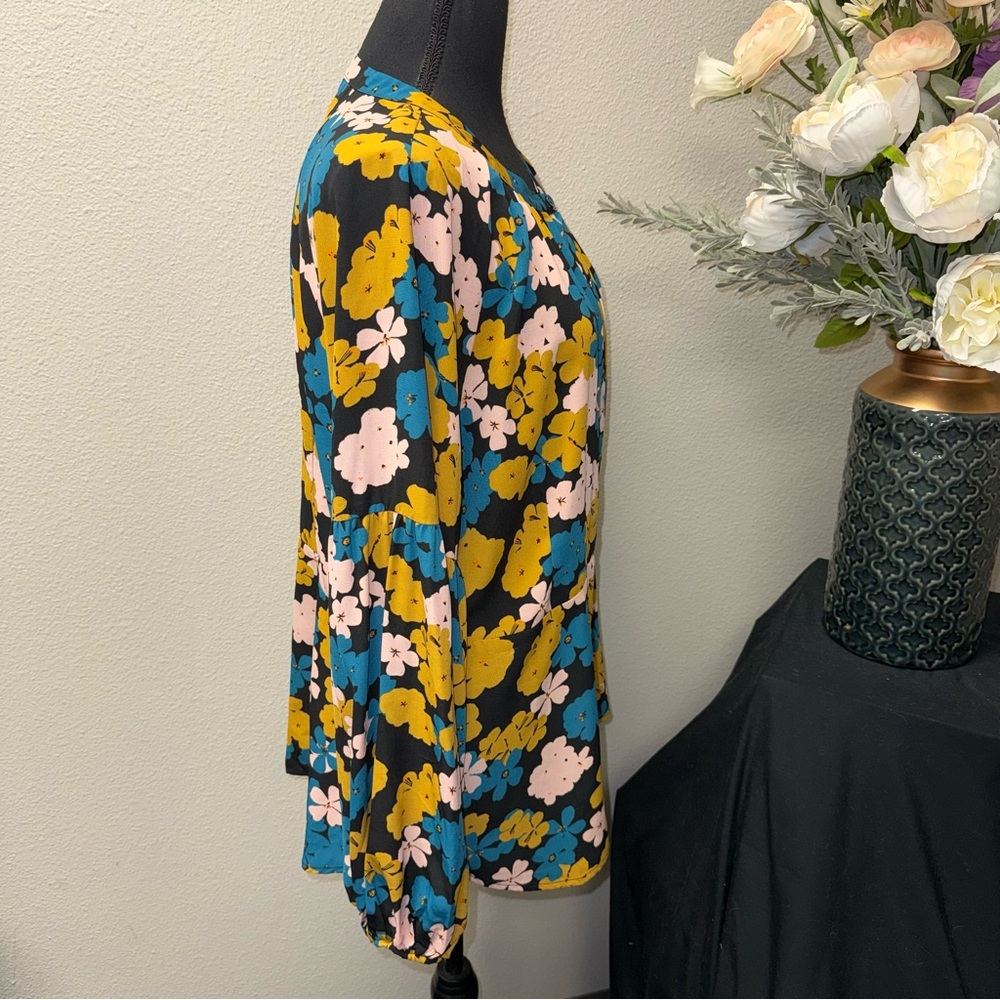 CAbi Floral Button Front Tunic Blouse Teal Yellow Pink Long Sleeve L - Picture 4 of 8